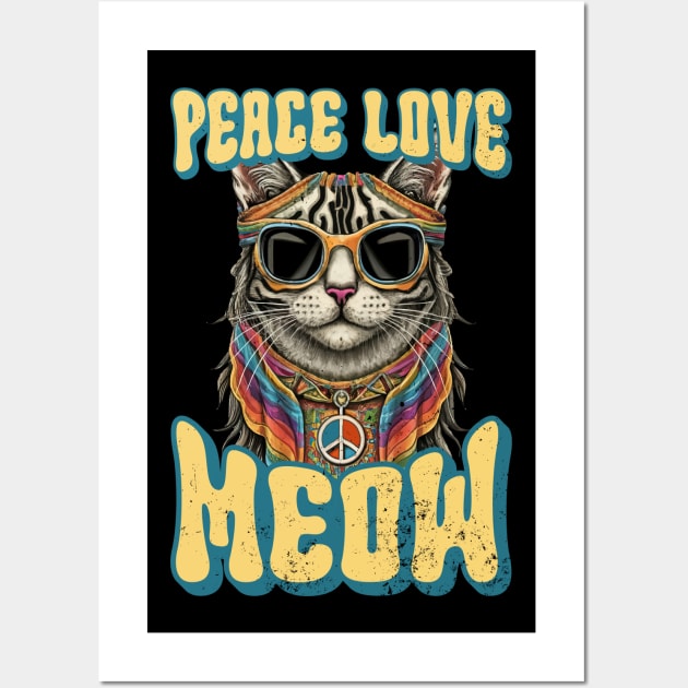 Peace Love Meow, Retro Groovy Style Hippie Cat Lover Design Wall Art by PugSwagClothing